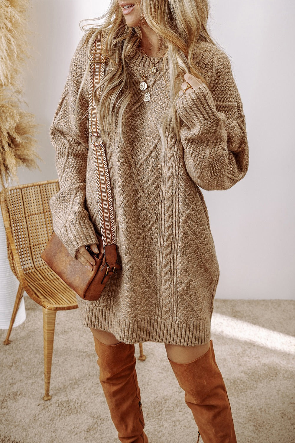 Cable-Knit Round Neck Sweater Dress