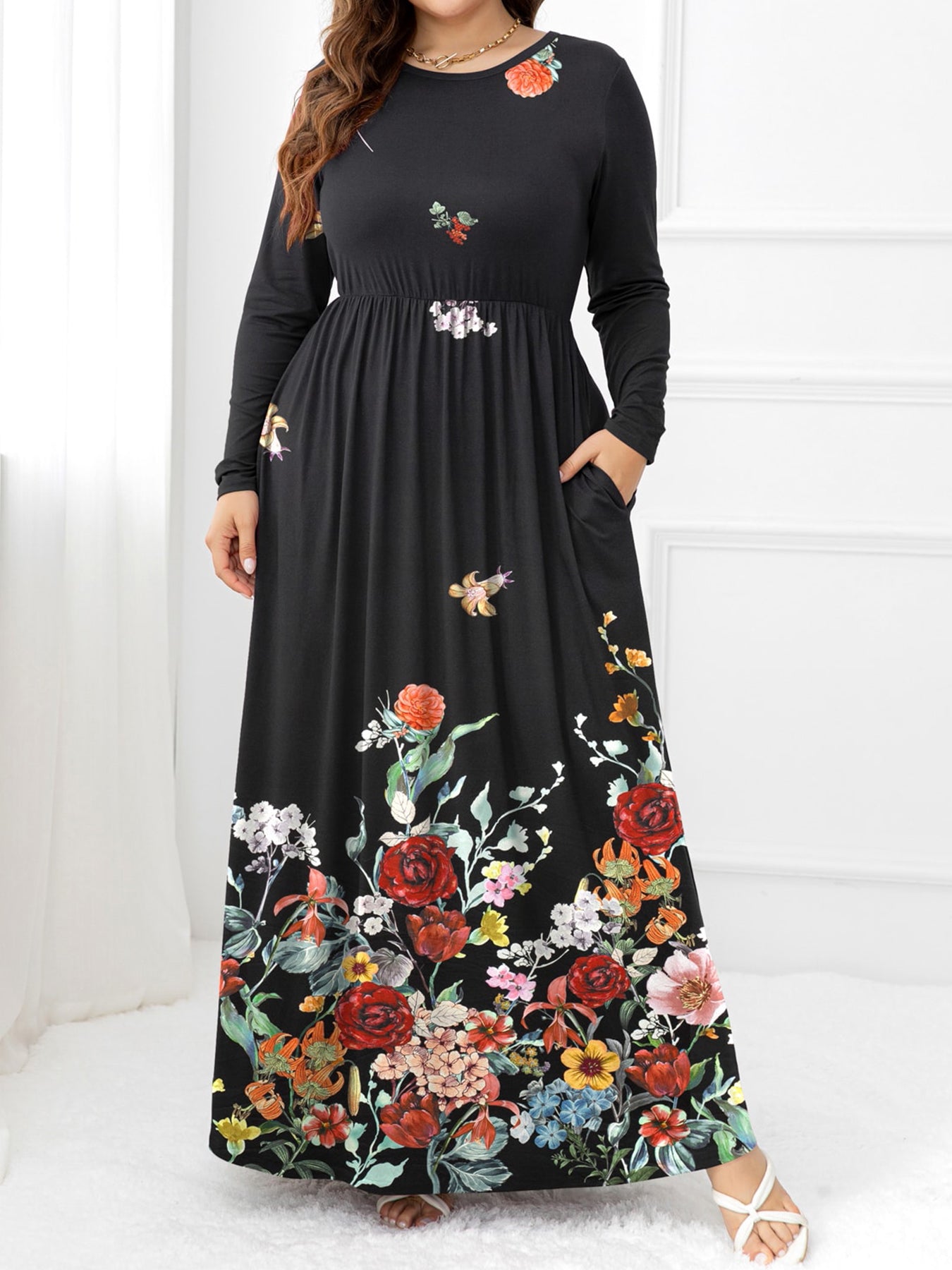 Garden Goddess Plus Size Round Neck Maxi Dress with Pockets