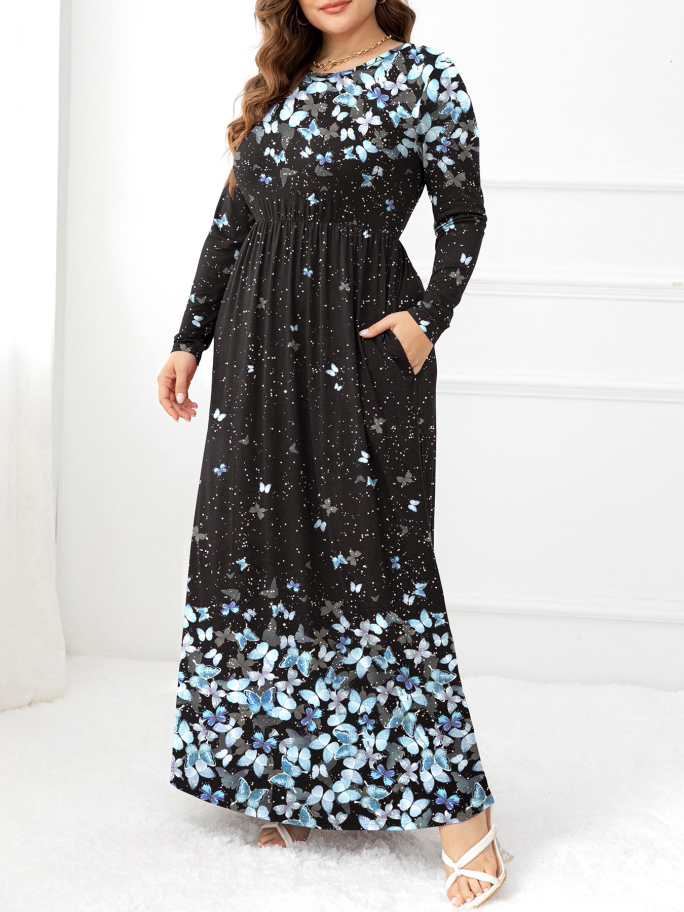 Garden Goddess Plus Size Round Neck Maxi Dress with Pockets