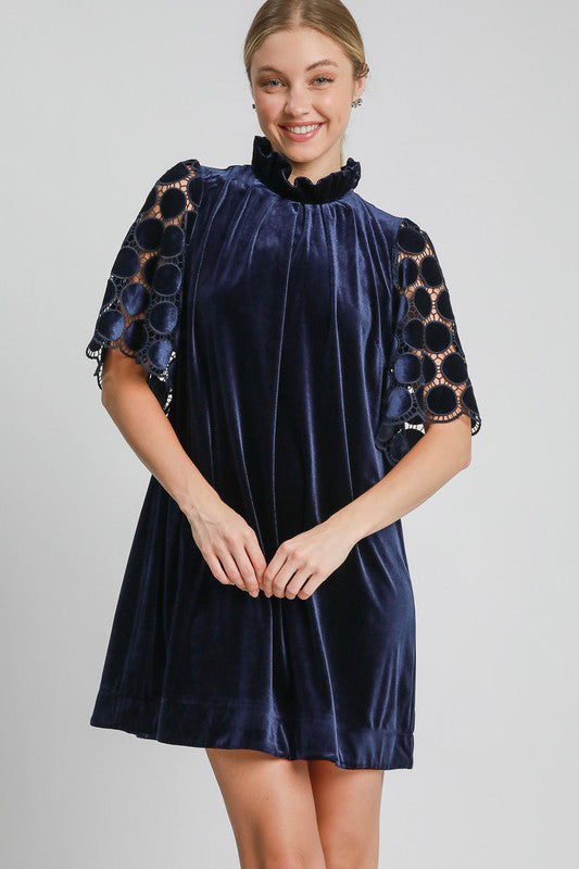 Dotted Lace Half Sleeve Mock Neck Back Tie Velvet Dress