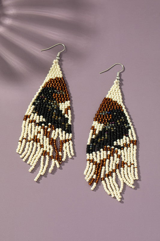 Boho long Handwoven seed bead raven earrings