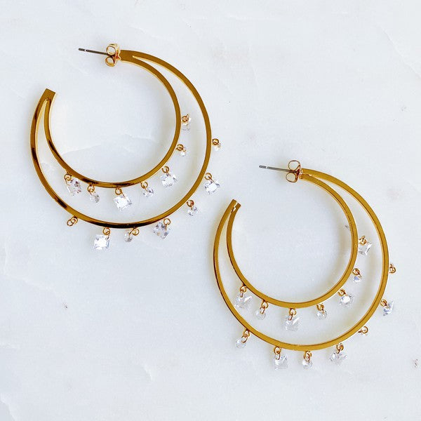 Doubled Hoop Crystal Dangle Earrings