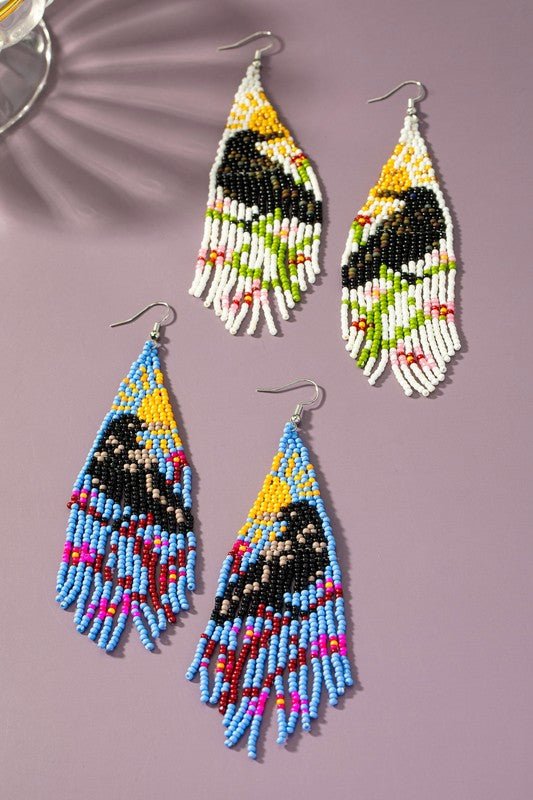 Boho long seed bead raven earrings