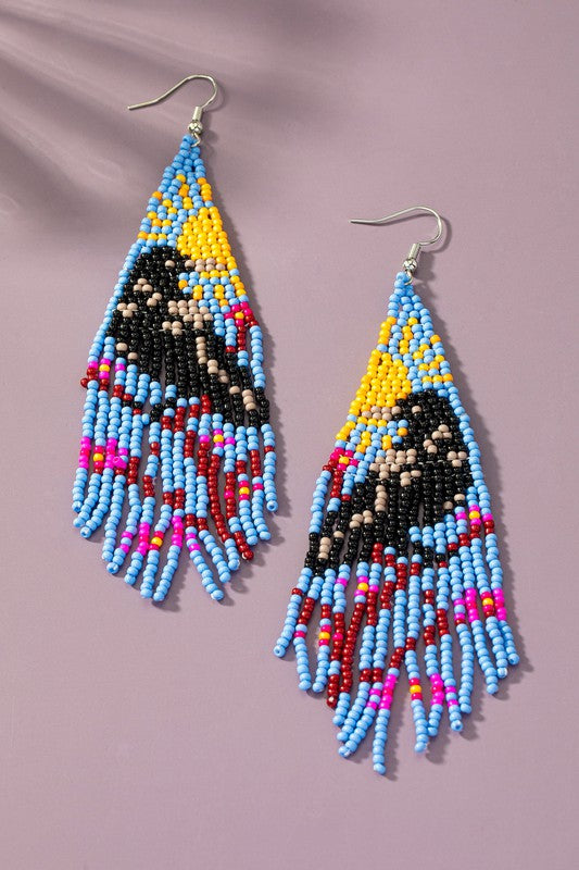 Boho long seed bead raven earrings