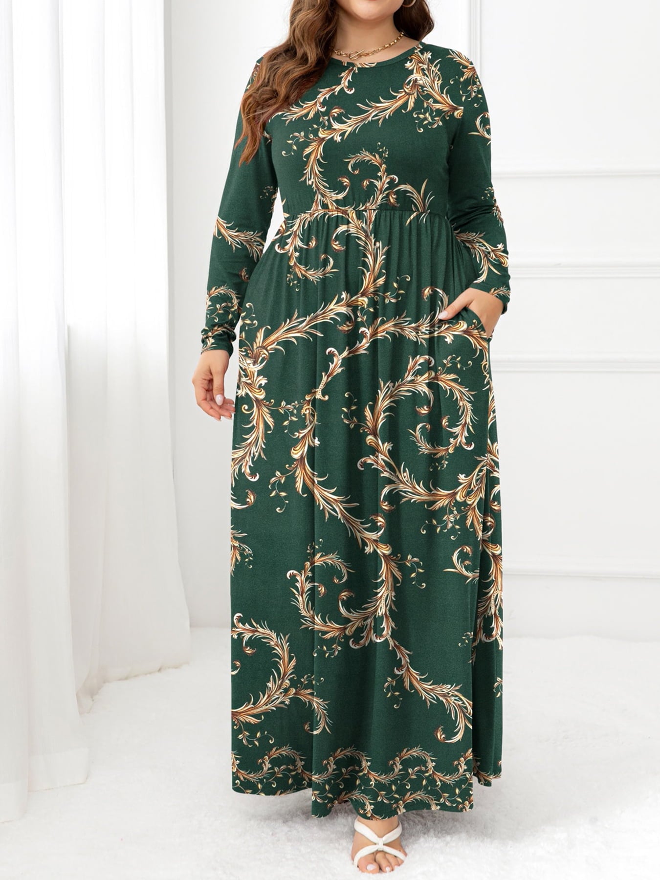 Garden Goddess Plus Size Round Neck Maxi Dress with Pockets