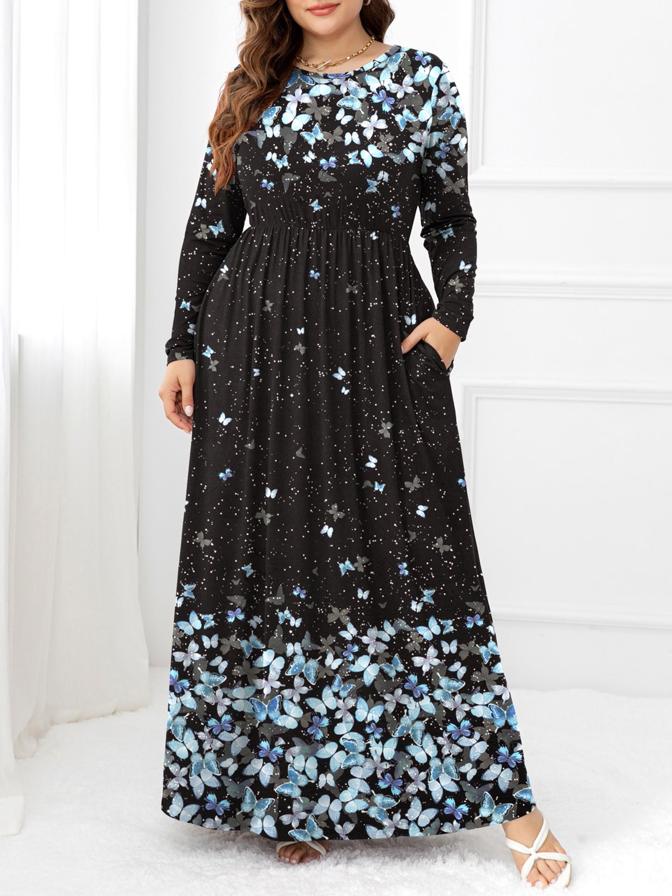 Garden Goddess Plus Size Round Neck Maxi Dress with Pockets