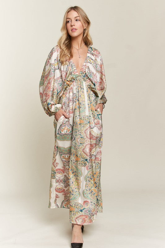 Printed V-Neck Batwing Sleeve Dress