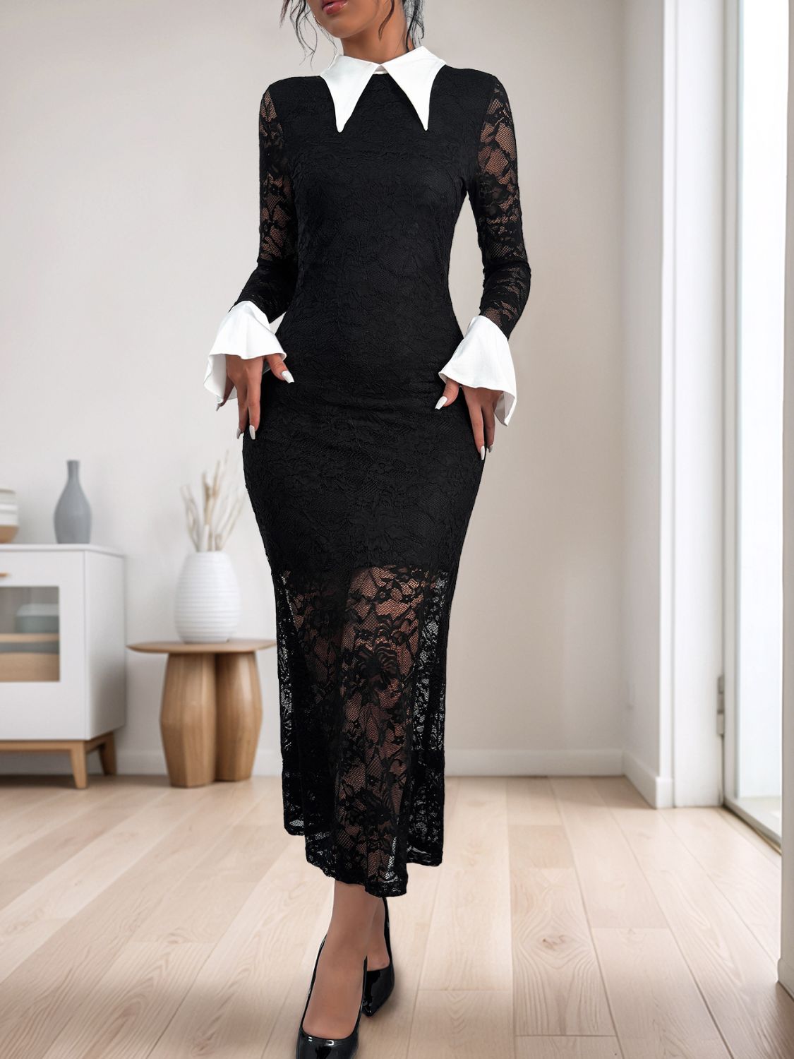 Lace Contrast Collared Neck Long Sleeve Midi Dress