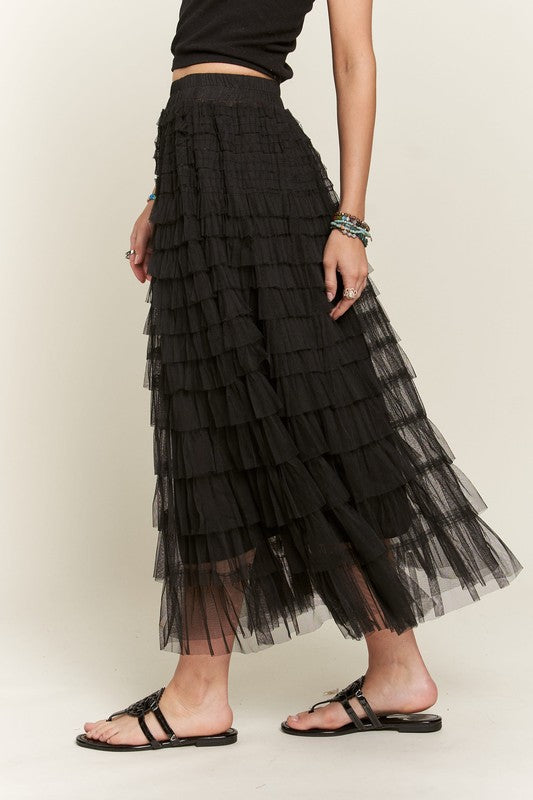 Elastic Waist Layered Mesh Midi Skirt