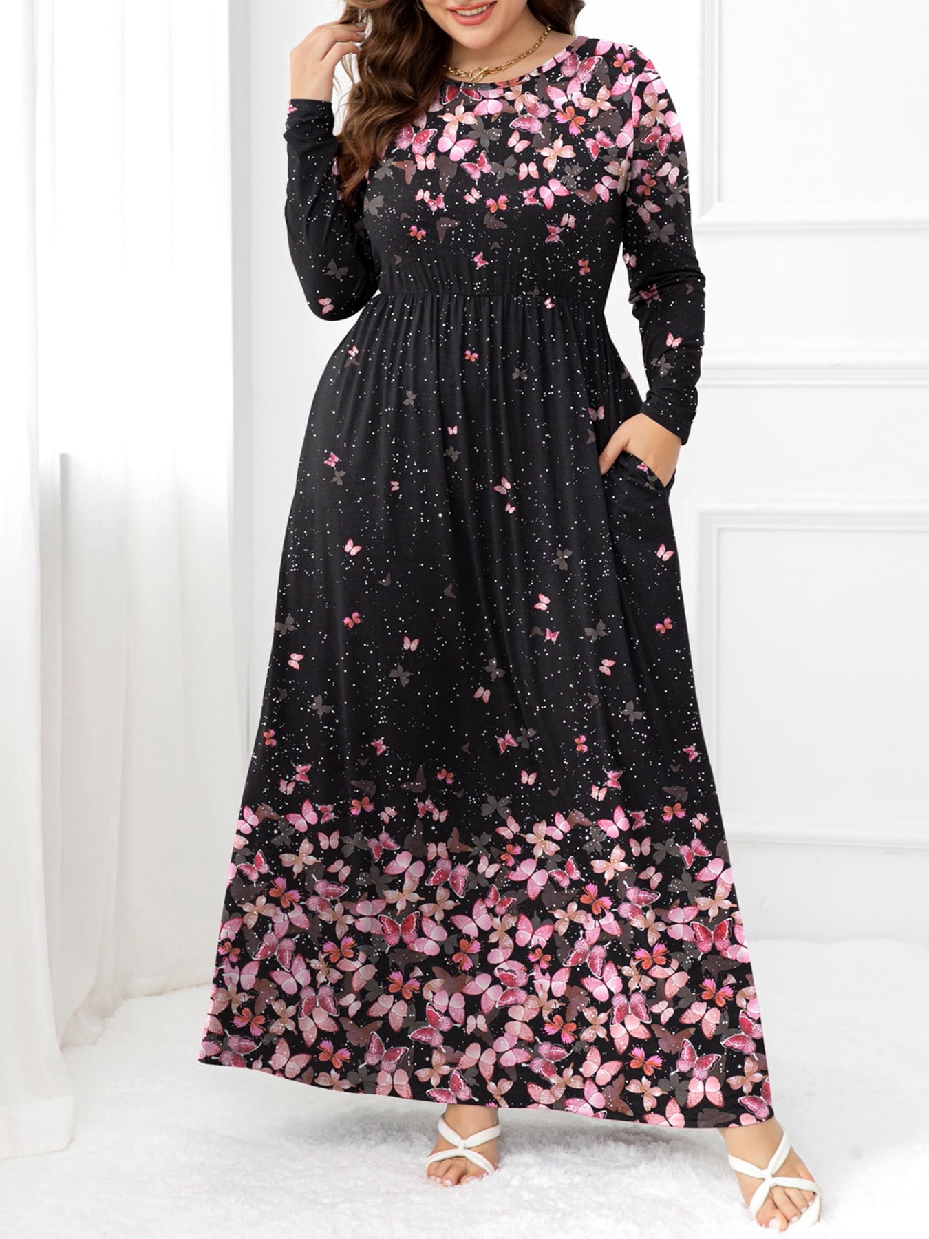 Garden Goddess Plus Size Round Neck Maxi Dress with Pockets