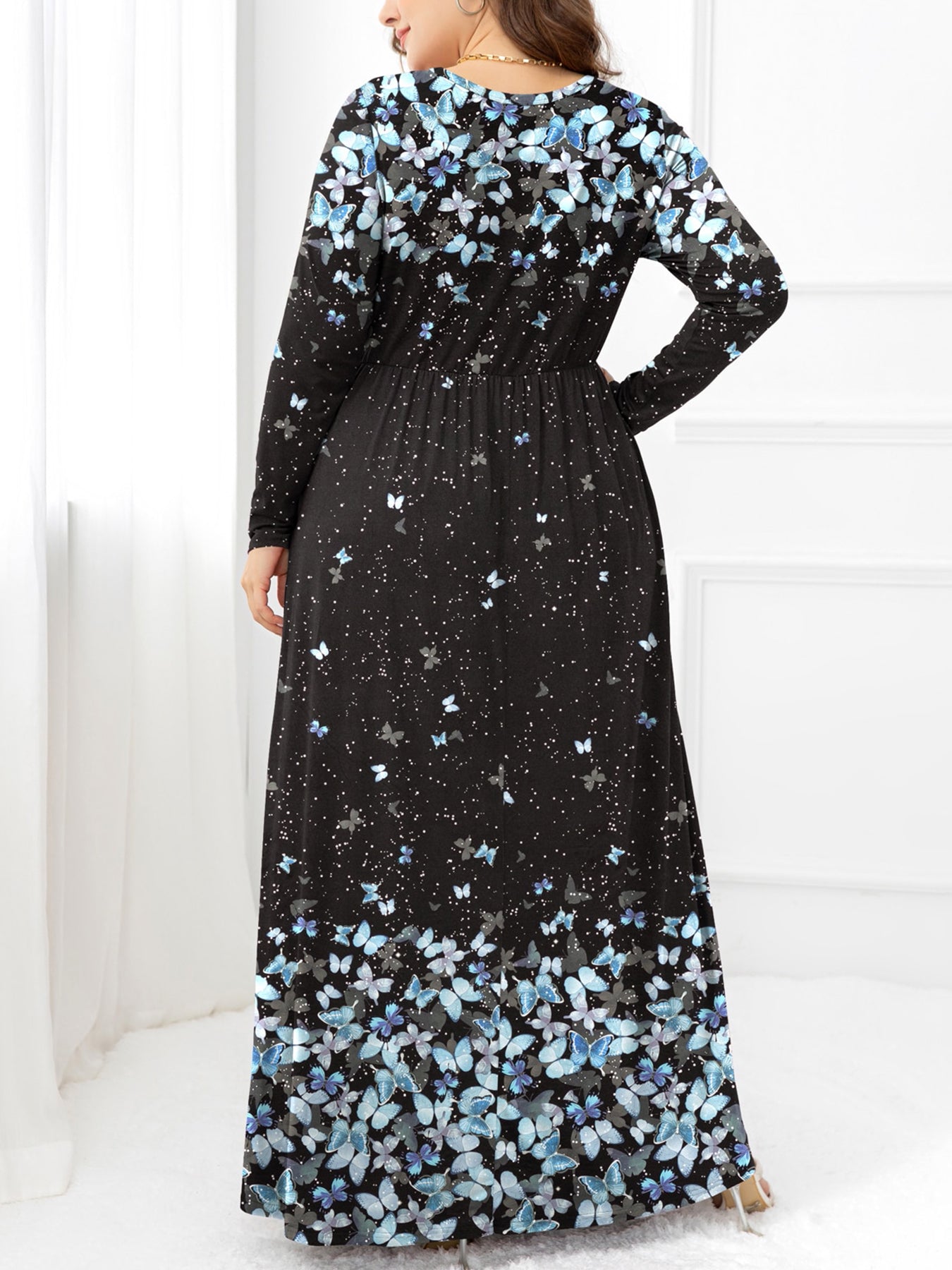 Garden Goddess Plus Size Round Neck Maxi Dress with Pockets