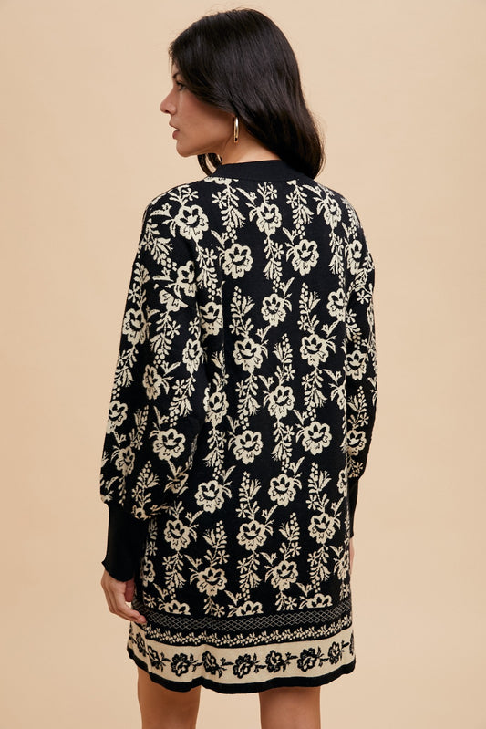 Floral Jacquard Round Neck Sweater Dress