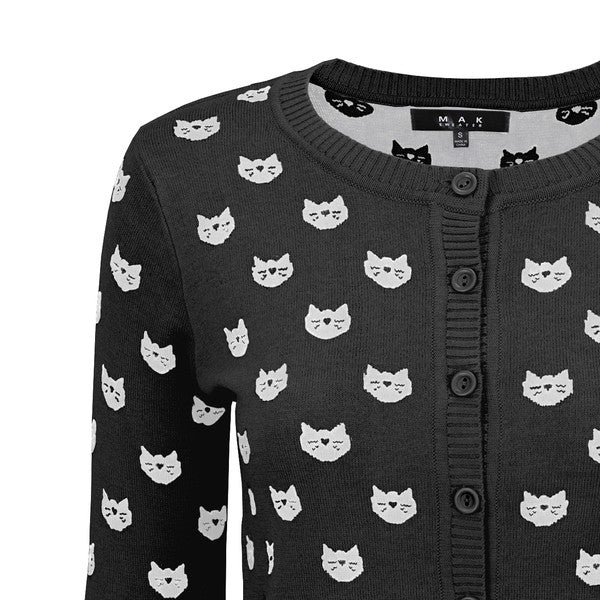 Round Neck Cat Patterned Cardigan Sweater