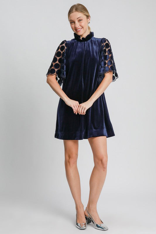 Dotted Lace Half Sleeve Mock Neck Back Tie Velvet Dress