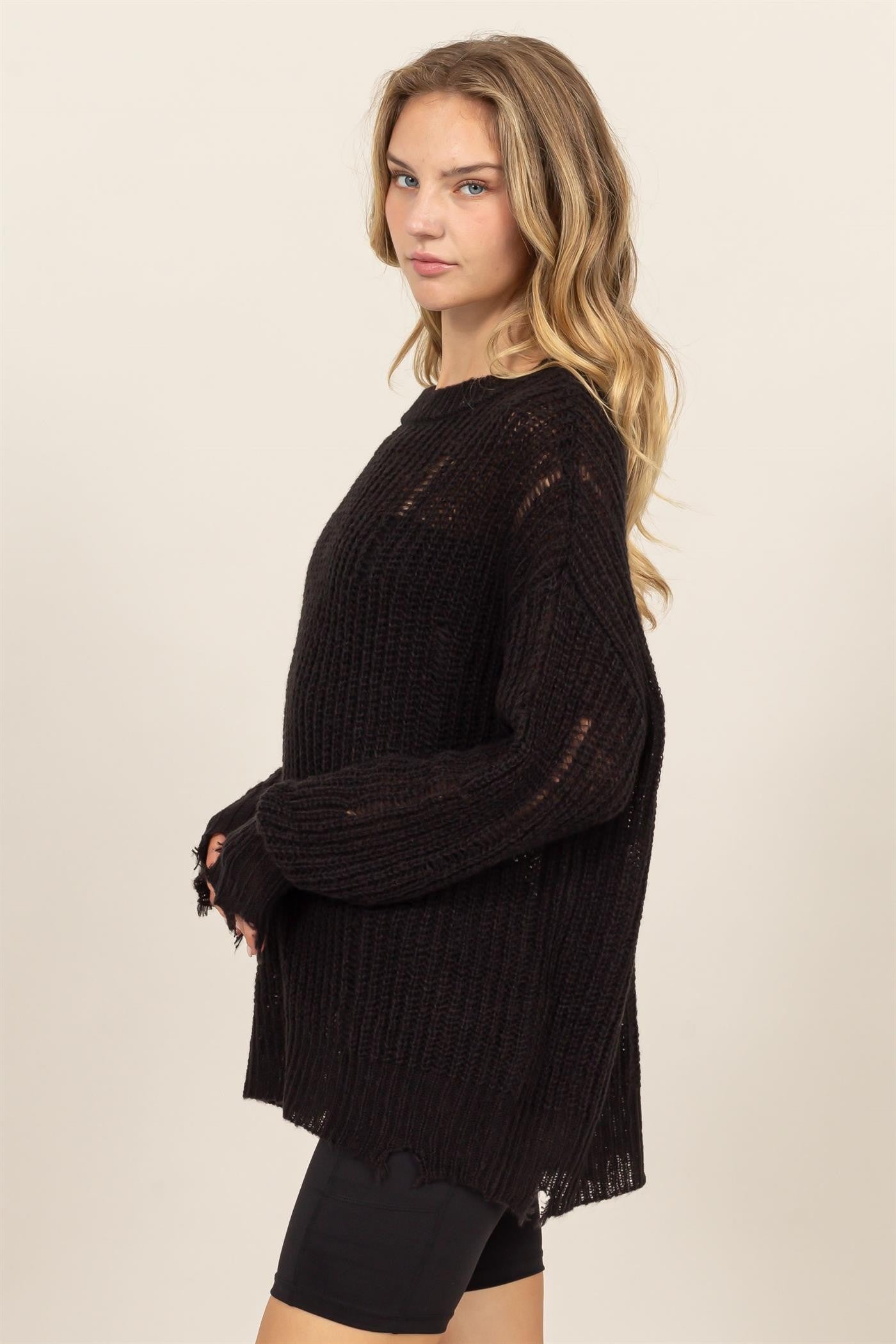 Distressed Long Sleeve Knit Top