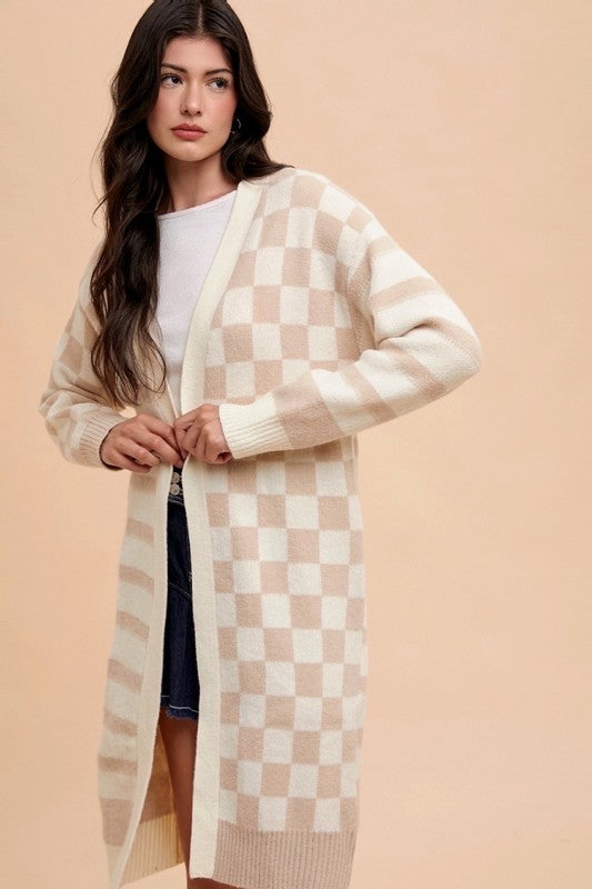 Checkered & Striped Open Front Long Sleeve Cardigan