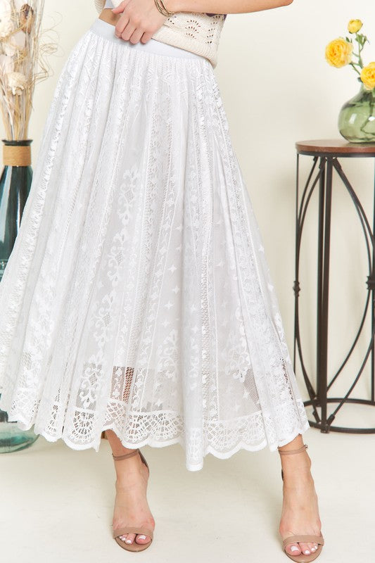 Elastic Waist Lace Midi Skirt