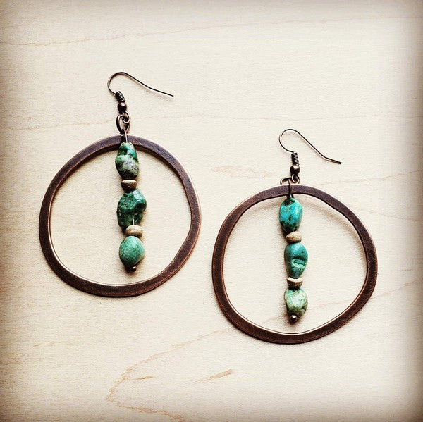 Copper Hoop Earrings w/ Natural Turquoise and Wood - Executive Gypsy