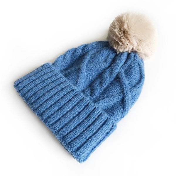 Cable knit Pom Beanie Hat Vegan Faux Fur - Executive Gypsy