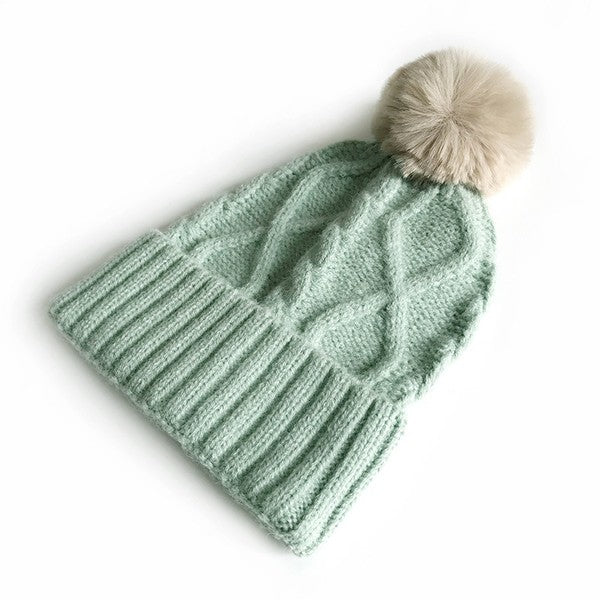 Cable knit Pom Beanie Hat Vegan Faux Fur - Executive Gypsy