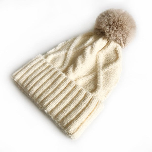 Cable knit Pom Beanie Hat Vegan Faux Fur - Executive Gypsy