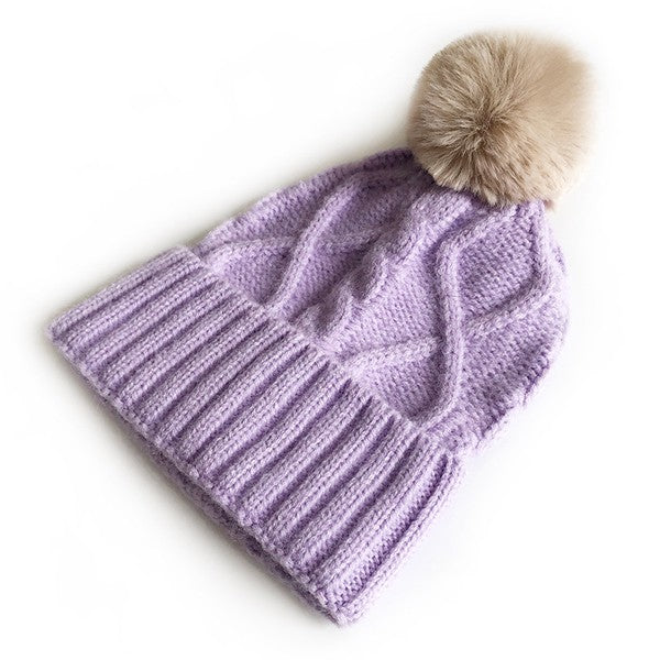 Cable knit Pom Beanie Hat Vegan Faux Fur - Executive Gypsy