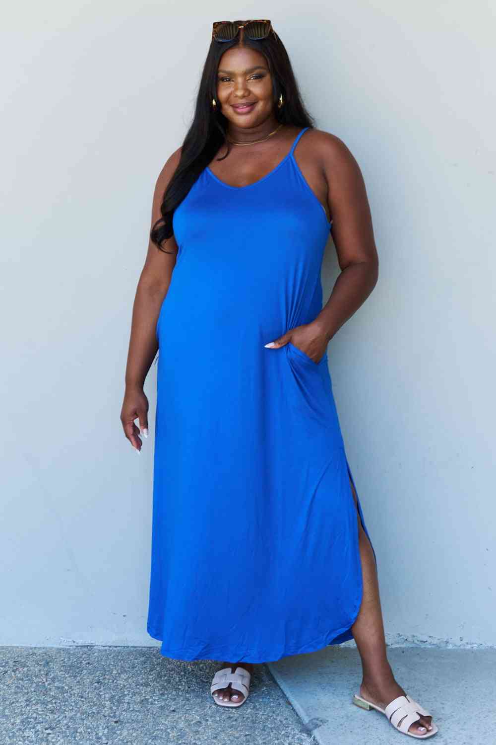 Good Energy Full Size Cami Side Slit Maxi Dress in Royal Blue