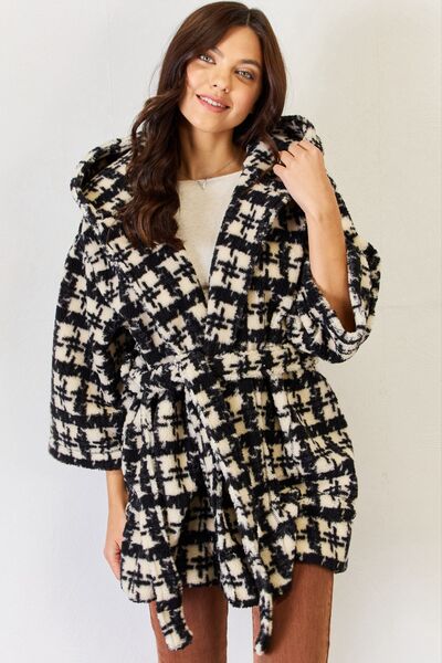 Fuzzy Plaid Waist Tie Hooded Robe Cardigan